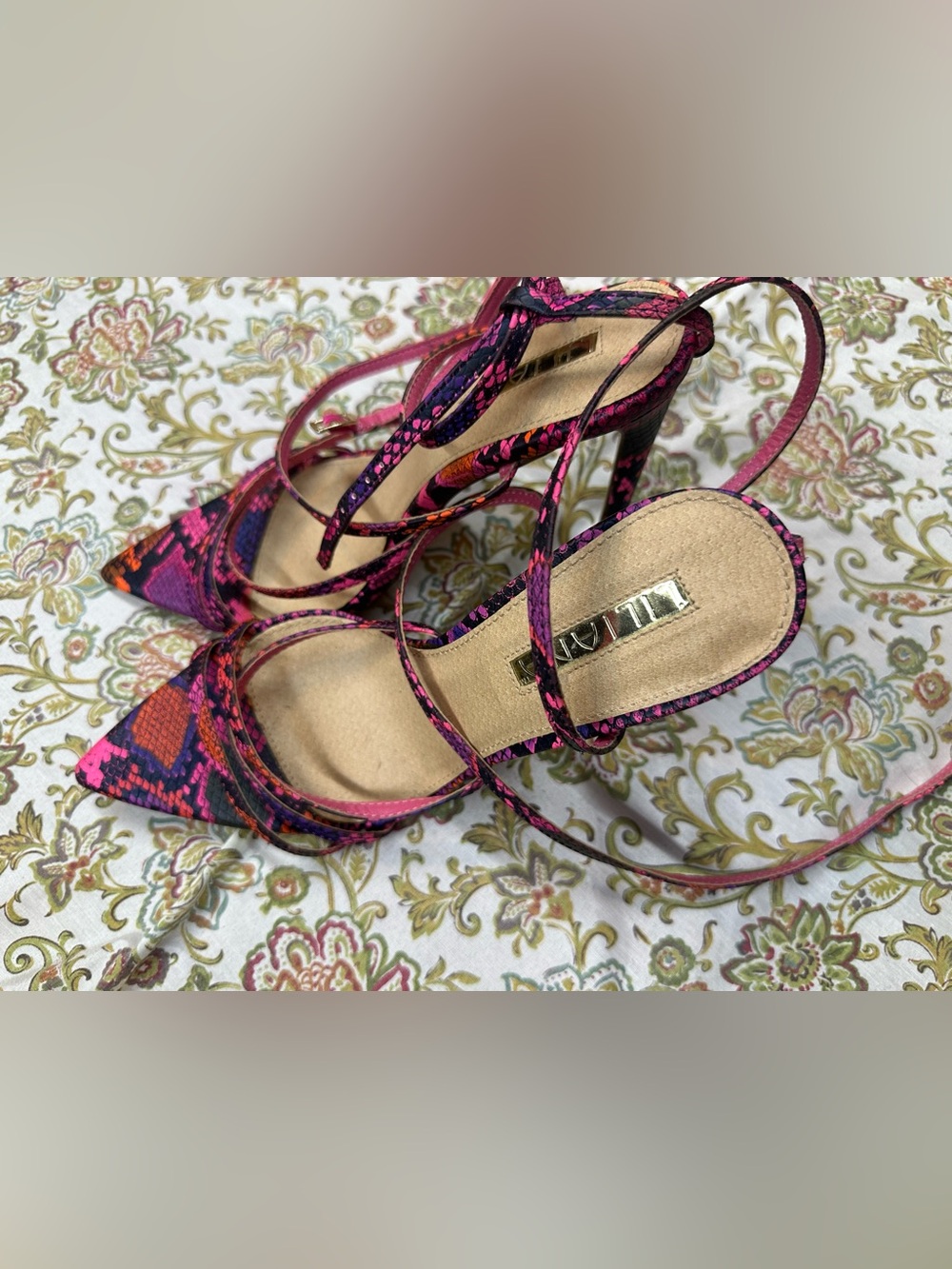 Pointed Snakeskin Lace-Up Heels in Pink and Purple